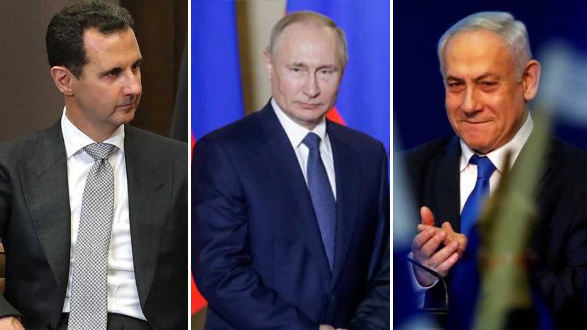 Russian president Vladimir Putin, Syrian President Bashar Assad, and Israeli Prime Minister Benjamin Netanyahu