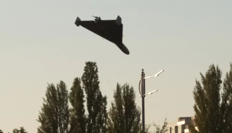 A photo shows a Russian-launched, Iranian-built suicide drone shortly before impact in Kyiv on October 17 – AFP