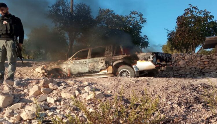 Destroyed ammunition car belonging to Levant Front in Mabatli in the countryside of Afrin
