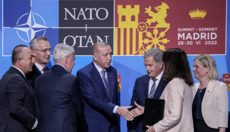 Leaders from Turkey, Finland and Sweden after signing a memorandum dealing with Ankara’s concerns. Bernat Armangué/AP