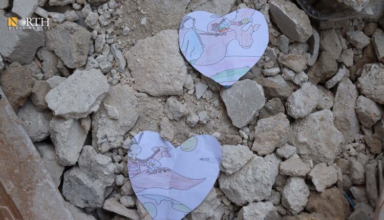Children's drawings intact in the rubble of a school in Aleppo city in northwestern Syria as a result of Monday's earthquake – North Press