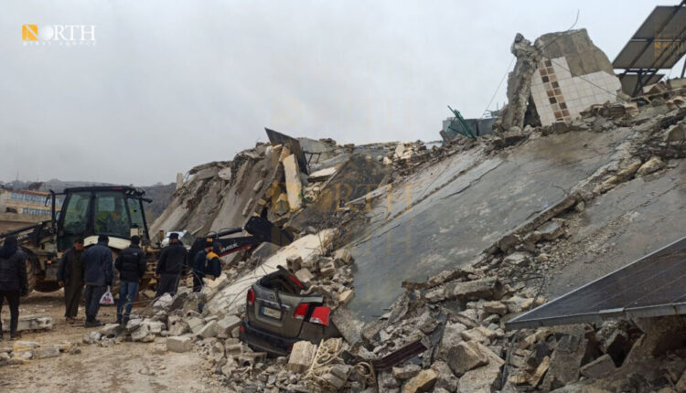 Collapsed residential buildings in the town of Jindires, 20 km west of the city of Afrin, northwest Syria, following the earthquake on Feb. 6