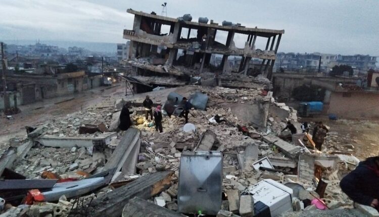 Collapsed residential buildings in Jindires district in Afrin, northwest Syria, following earthquake
