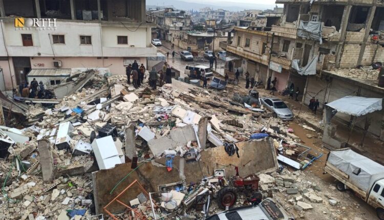 Destruction caused to Jindires town in the countryside of Afrin, northwest Syria, as a result of the earthquake struck the country on Feb. 6 - North Press