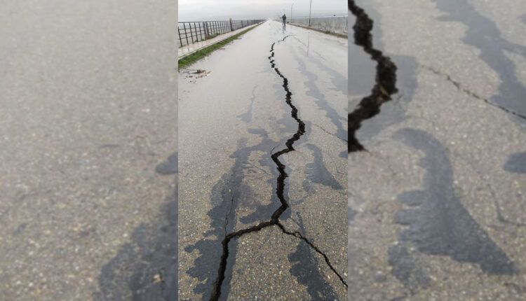 Photos show cracks in Maydanki lake dam in Afrin countryside affected by the earthquake that struck Turkey and Syria on Feb. 6