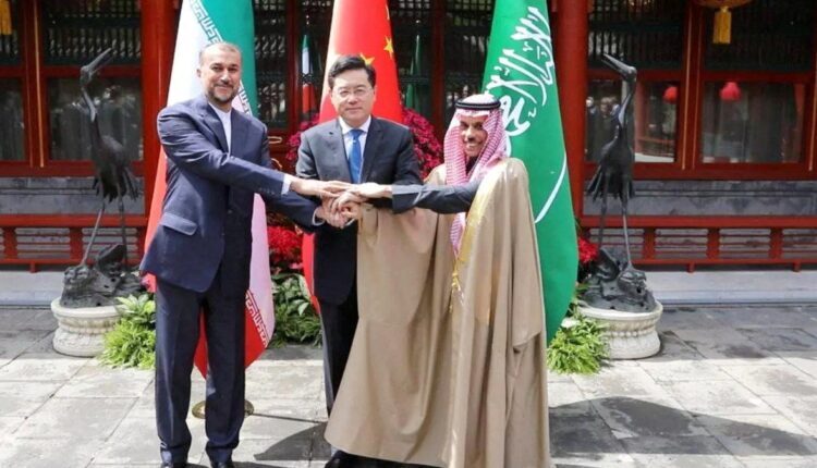 Secretary of Iran's Supreme National Security Council, senior Chinese diplomat, and Saudi national security adviser in Beijing, China on April 6, 2023.