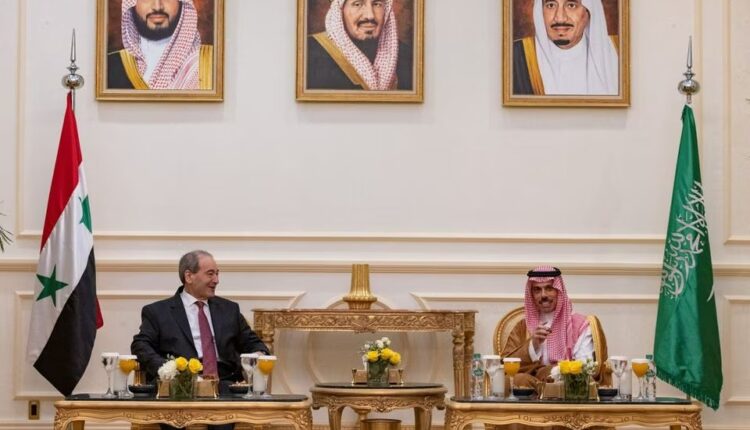 Saudi FM Prince Faisal bin Farhan bin Abdullah meets with his Syrian counterpart Faisal Mekdad in Jeddah, Saudi Arabia on April 12, 2023 - Reuters