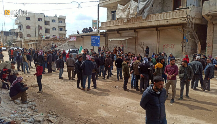 People gathering in front of the house of the five men who were killed by an SNA faction in NW Syria’s Jindires for lighting Newroz flame, March 22, 2023 – North Press