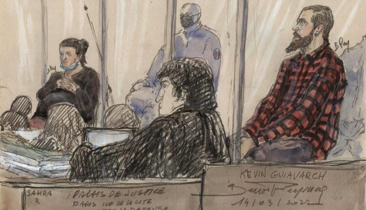 A drawing showing Kevin Guiavarch (right) inside a courtroom in Paris (AFP)
