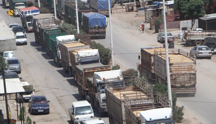 Trucks loaded with wheat from Raqqa and Kobani, northern Syria, lined up in front a center for handing over wheat in Hasakah – North Press