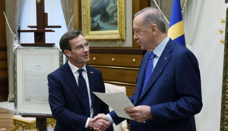 Turkish President Recep Tayyip Erdogan and Swedish Prime Minister Ulf Kristersson meeting in Turkey's Ankara