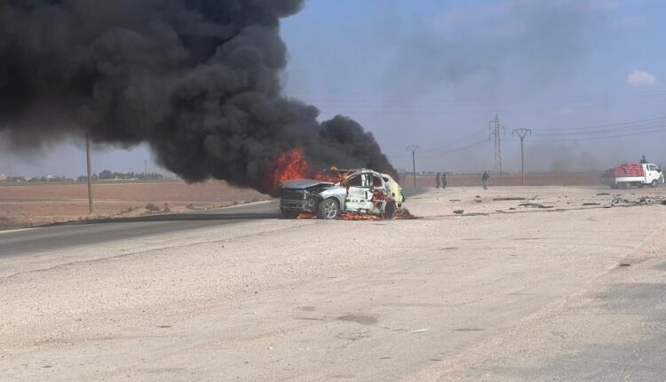A Turkish drone strike of a car the countryside of Qamishli, northeastern Syria