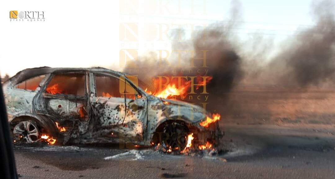 A car burning after a Turkish drone hit it in the city of Qamishli, northeast Syria, on Aug. 3, 2023 – North Press