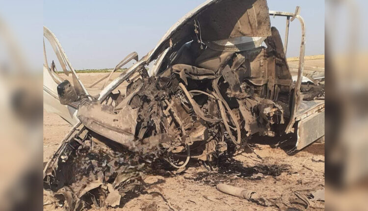 A car damaged by a war remnant blast in Hasakah Governorate in northeast Syria