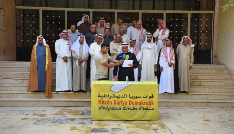 Tribal leaders of the city of Tabqa and the town of Sirrin, northern Syria, releasing a statement – AANES