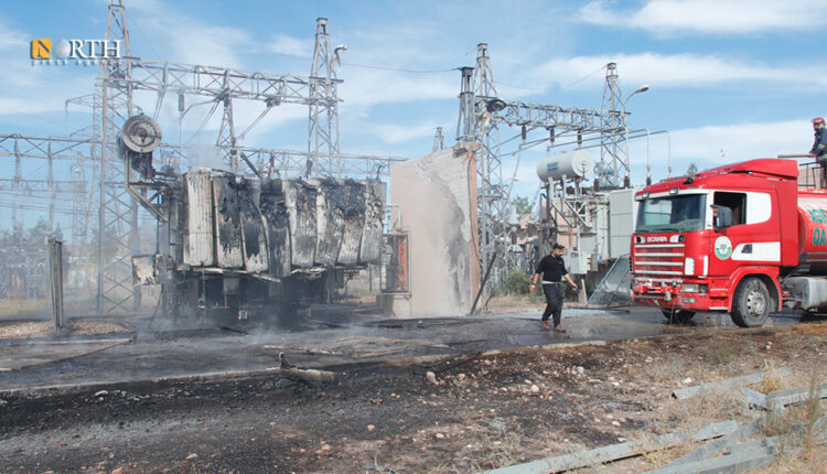 Firefighters extinguishing fire caused by a Turkish drone strike of a power station in the city of Qamishli, northeast Syria, on October 5. – North Press