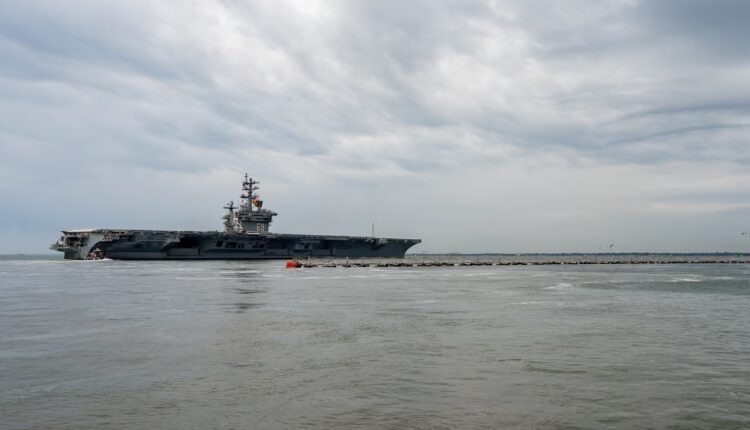 The USS Dwight D. Eisenhower carrier strike group deploys from Naval Station Norfolk, Oct. 14, 2023. (U.S. Navy photo by Mass Communication Specialist 2nd Class Anderson W. Branch)