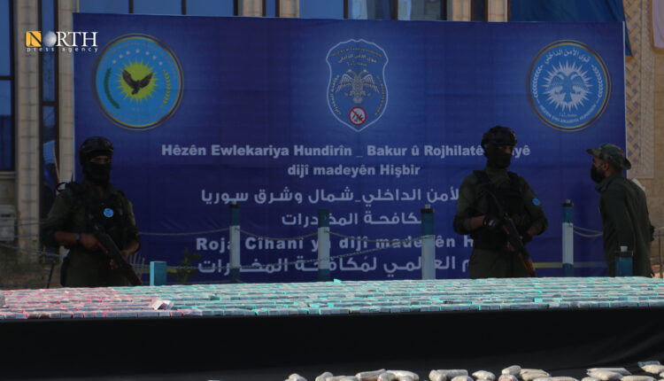 Drugs displayed in a press conference by the Asayish after seizing them in Raqqa Governorate, in northern Syria. – North Press