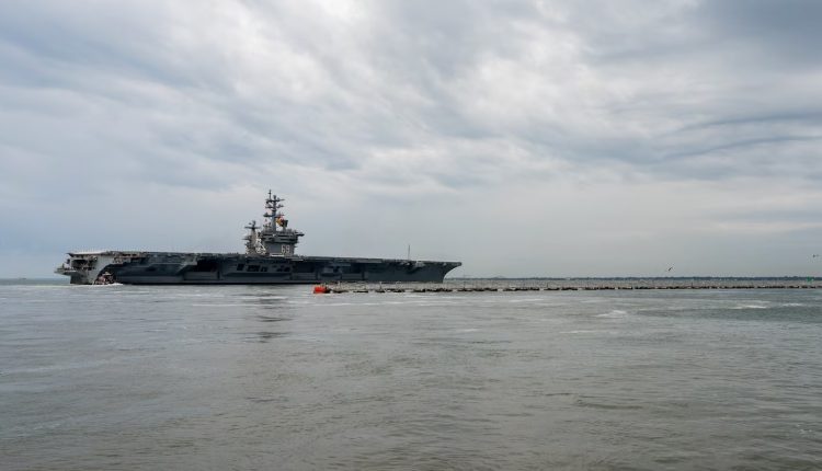 The USS Dwight D. Eisenhower carrier strike group deploys from Naval Station Norfolk, Oct. 14, 2023. (U.S. Navy photo by Mass Communication Specialist 2nd Class Anderson W. Branch)
