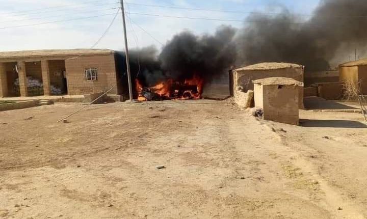 An SDF vehicle that was targeted in the town of Tel Hamis, south of Qamishli in NE Syria, by Turkey on May 31, 2024