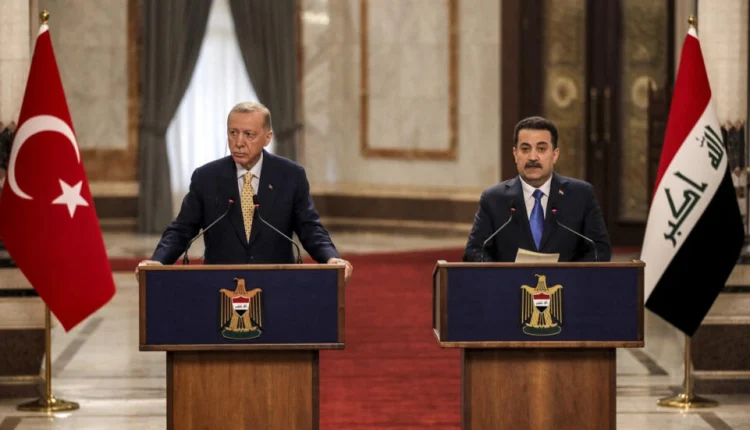 Iraq's Prime Minister Mohammed Shia al-Sudani (R) and Turkey's President Recep Tayyip Erdogan give a joint statement to the media in Baghdad on April 22, 2024 - AFP