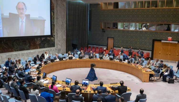 Geir Pedersen (on screen), U.N. Special Envoy for Syria, briefs the Security Council on the situation in the country on Aug. 28, 2024.