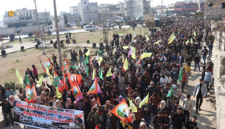 Residents in Kobani, northern Syria, protest against Turkish strikes on civilians in Tishrin Dam, Jan. 16, 2025 – North Press