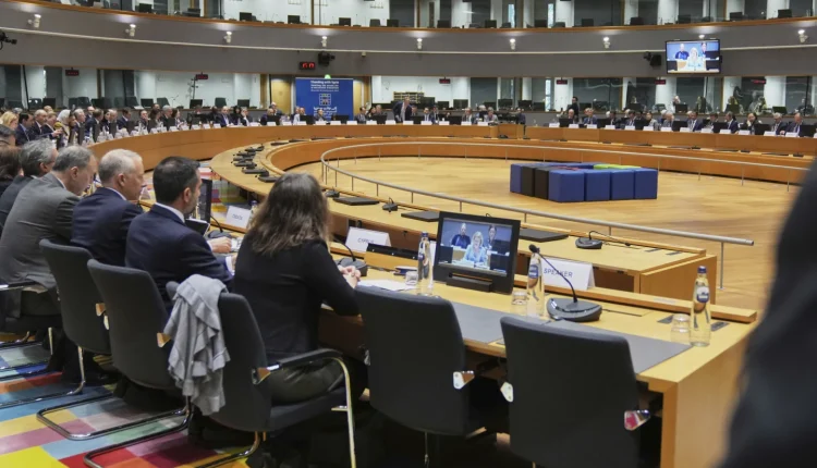 Delegation attend a round table meeting at the 9th international conference in support for Syria at the European Council building in Brussels on March 17, 2025 – AP