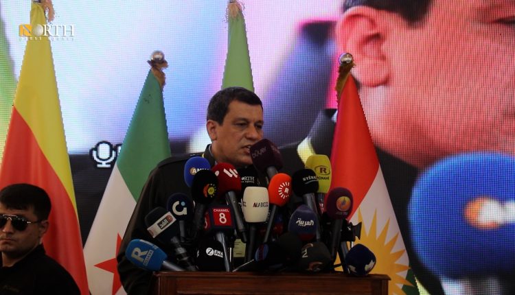 General Mazloum Abdi, Commander-in-Chief of the Syrian Democratic Forces (SDF), delivers a speech following the Kurdish Unity Conference in Qamishli, Syria, on April 26, 2025. Photo: North Press