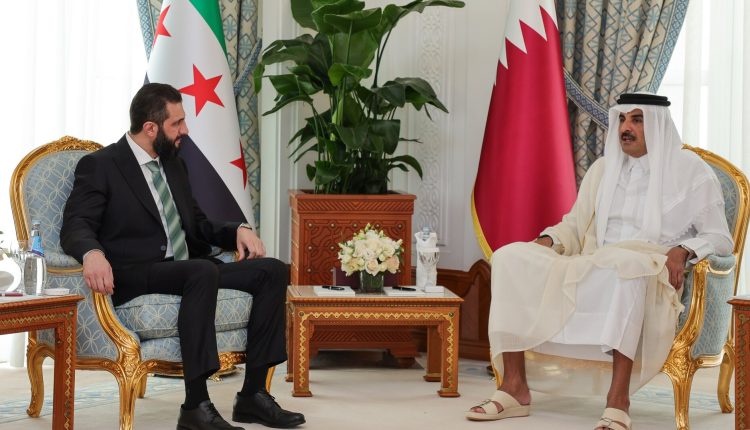 Syrian transitional president Ahmad al-Shara meets with Qatari Emir Sheikh Tamim bin Hamad Al Thani in Doha.
