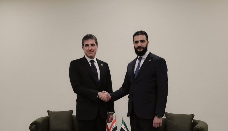 President Ahmed al-Sharaa and President Nechirvan Barzani shake hands in Antalya, April 11, 2025