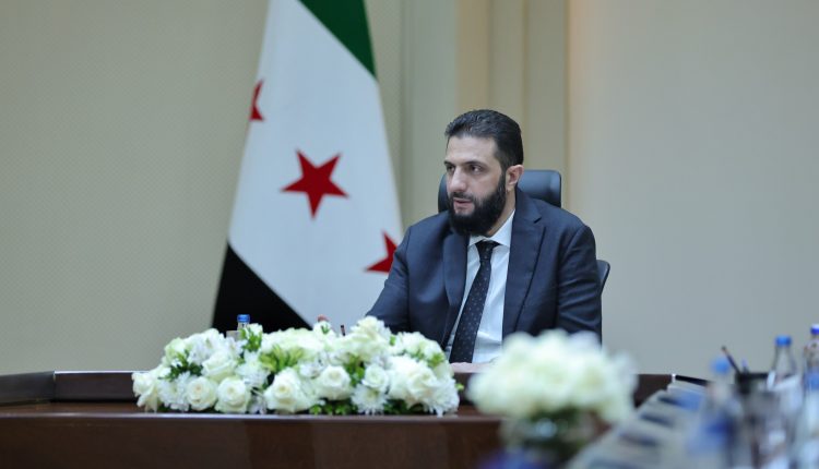 Transitional President Ahmad al-Shar‘ during a high-level meeting on service development and governance with provincial governors in Damascus.