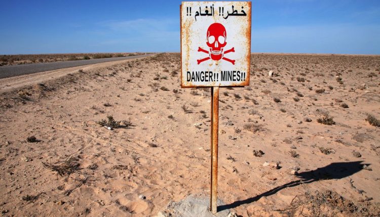 A mines danger sign in Deir ez-Zor, eastern Syria