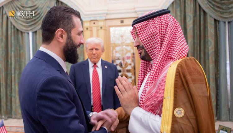 Saudi Crown Prince MBS receives Syria's Transitional President, Ahmad al-Sharaa, in Riyadh with the presence of U.S. resident Donald Trump on May 14, 2025.
