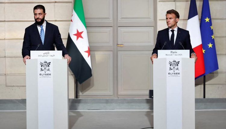 French President Emmanuel Macron and Syrian President Ahmed al-Sharaa during a joint press conference at the Élysée Palace, Paris, May 7, 2025.