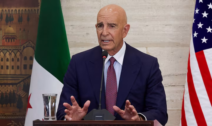 U.S. Special Envoy for Syria Thomas Barrack speaks during a press conference with Syrian FM Asaad al-Shaibani and Jordanian FM Ayman Safadi, in Damascus, Syria on Sep. 16, 2025 – Reuters