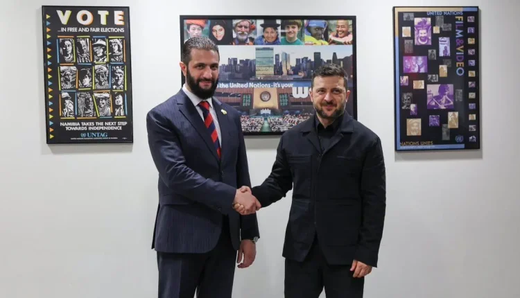 Ukrainian President Volodymyr Zelensky and Syrian President Ahmed al-Sharaa agree to restore diplomatic ties after meeting in New York, Sept. 24, 2025. (X/@ZelenskyyUa)
