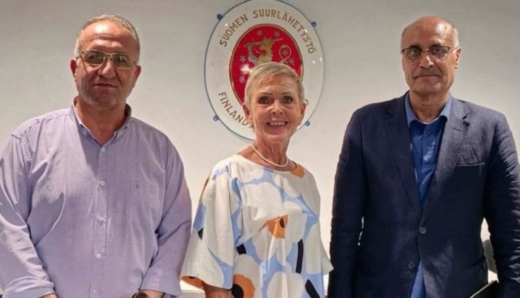 Bedran Çiya Kurd, Deputy Co-Chair of the AANES Foreign Relations Department, Abdel Salam Ahmad, AANES representative in Lebanon, and Anne Meskanen, Finnish Ambassador to Beirut (in the middle), at the Finnish Embassy in Beirut on Sept. 3, 2025 – ANHA