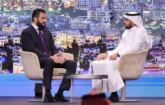 Syrian Transitional President Ahmad al-Sharaa took part in a session at the Future Investment Initiative (FII) conference in Riyadh, Saudi Arabia, on Oct. 29, 2025. – Syrian presidency