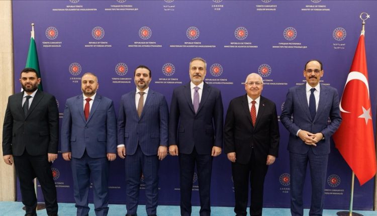 Foreign and defense ministers, and heads of national intelligence of Syria and Turkey after a meeting in Ankara on Oct. 12, 2025.