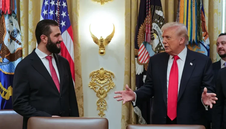 U.S. President Donald Trump speaks with Syria's Transitional President Ahmad al-Sharaa at the White House in Washington on Monday, Nov. 10, 2025. – Syrian Presidency press office