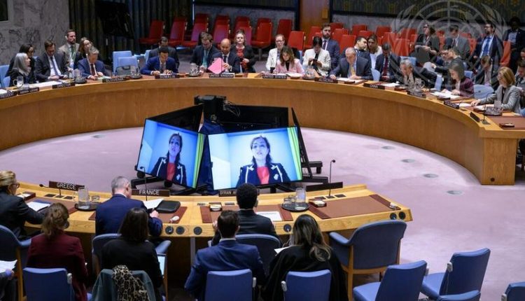 Najat Rochdi, Deputy Special Envoy of the UN Secretary-General for Syria on the screen during a meeting of the Security Council on Syria. – UN