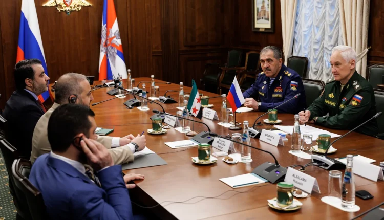 A previous meeting of Syrian Defense Minister Murhaf Abu Qasra, Foreign Minister Asaad al-Shaibani, and General Intelligence Director Hussein Salameh with Russian Defense Minister Andrey Belousov in the Russian capital, Moscow, in July 2025. – AP