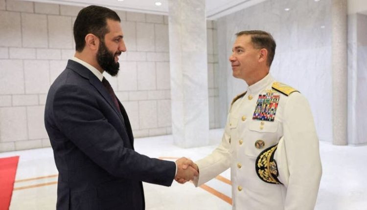 Syria’s Transitional President Ahmad al-Sharaa welcoming commander of the U.S. Central Command Admiral Brad Cooper ahead of their meeting in Damascus on Sep. 12, 2025. – AFP