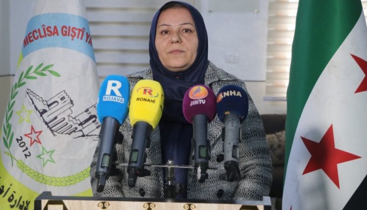 Hevin Suleiman, Co-Chair of the Kurdish Neighborhoods Council in Aleppo city, northwestern Syria, during a press conference on Dec. 27, 2025 – ANHA
