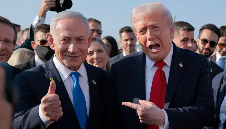 U.S. President Donald Trump speaks to Israeli PM Benjamin Netanyahu at Ben Gurion International Airport before boarding his plane to Sharm El-Sheikh, on Oct. 13, 2025 in Tel Aviv, Israel. – Getty Images