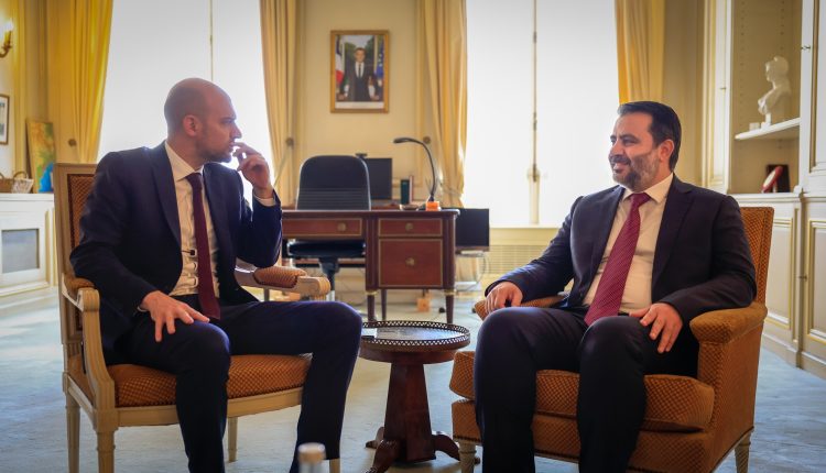 Syrian FM, Asaad al-Shaibani, and his French counterpart, Jean-Noël Barrot, in the city of Nice, France, on the sidelines of the 2025 UN Ocean Conference in June 2025. – SANA