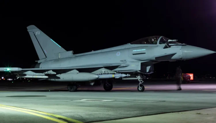 Four Royal Air Force Typhoon FGR4s, supported by a pair of Voyager tankers, joined US forces in a deliberate strike against Houthi sites in Yemen on January 2024. – RAF