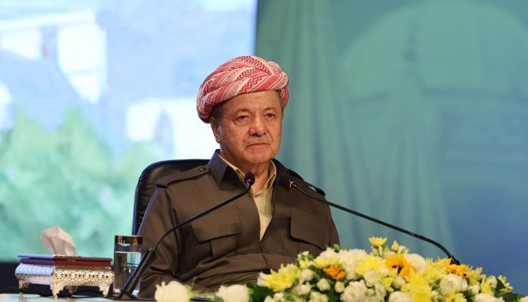 Masoud Barzani, leader of the Kurdistan Democratic Party, during a meeting in Duhok city in northern Iraq in 2025.