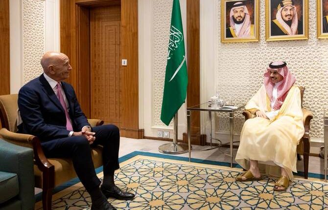 Saudi Foreign Minister Prince Faisal bin Farhan receives U.S. Special Envoy to Syria Tom Barrack in Riyadh on May 17, 2026. – SPA
